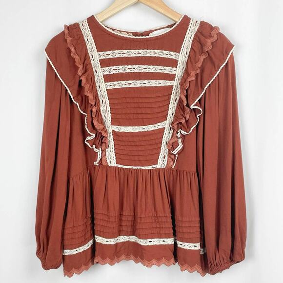 Bohme Peasant Top Size S Burnt Orange Ruffled Knit Lace Trim Cottagecore Boho - Picture 13 of 13